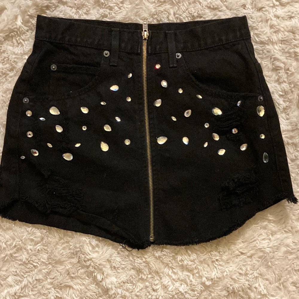 Carmar Jeweled Bling Black Denim Jean Mini Skirt Size 28